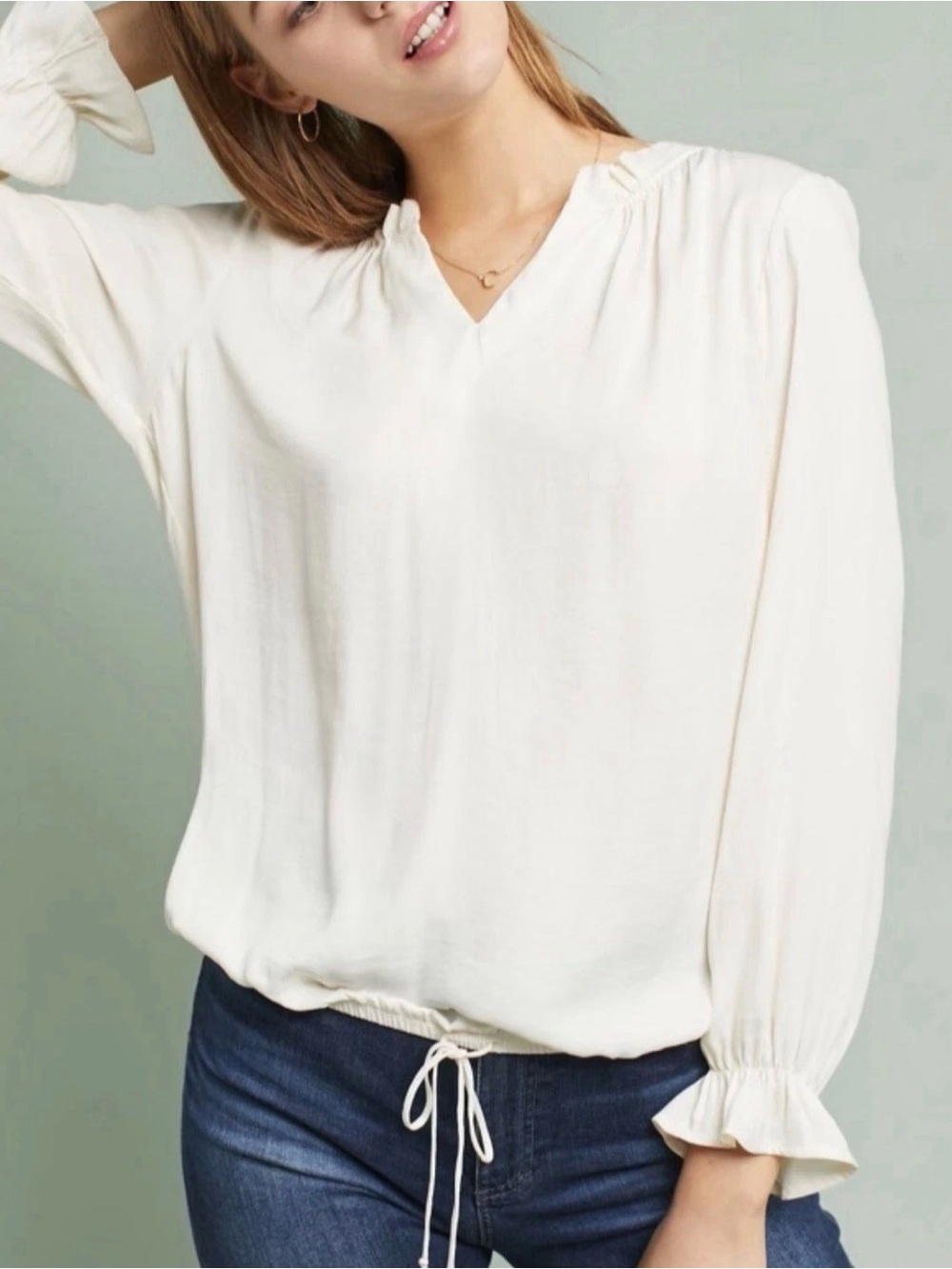 Anthropologie Dolan Left Coast French Quarter Blouse PS Cream Drawstring Ruffle